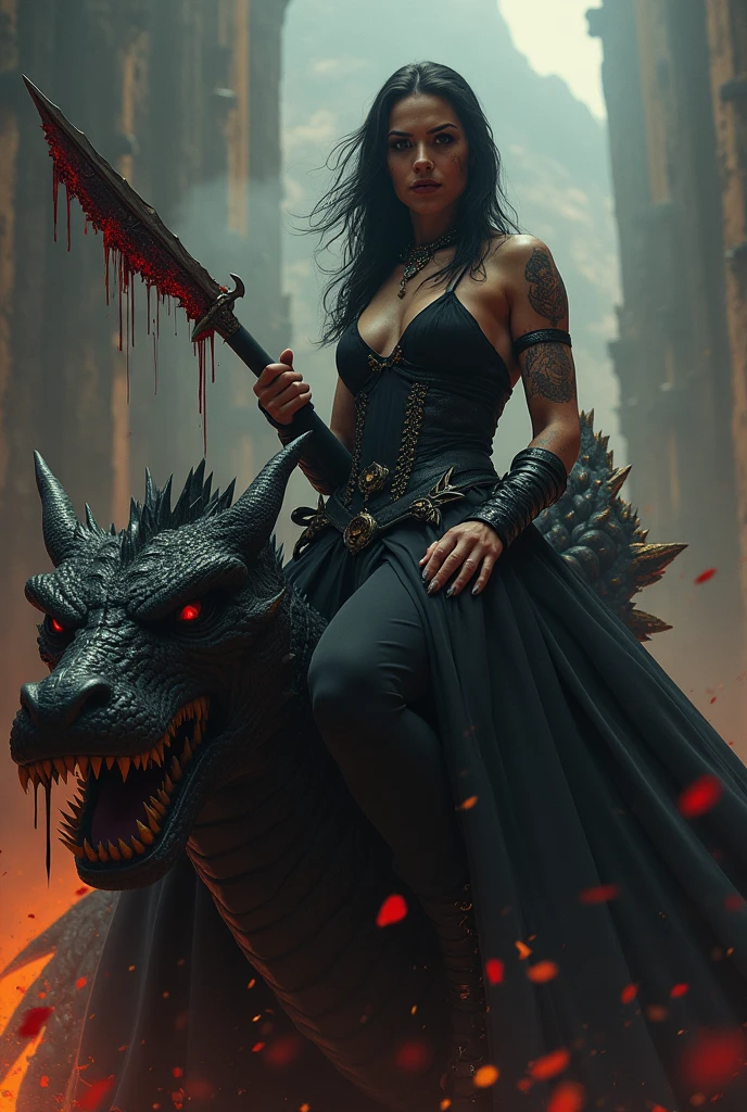 A mafia queen with a black fighting dress holding a bloody weapon sitting on a dragon scars on face