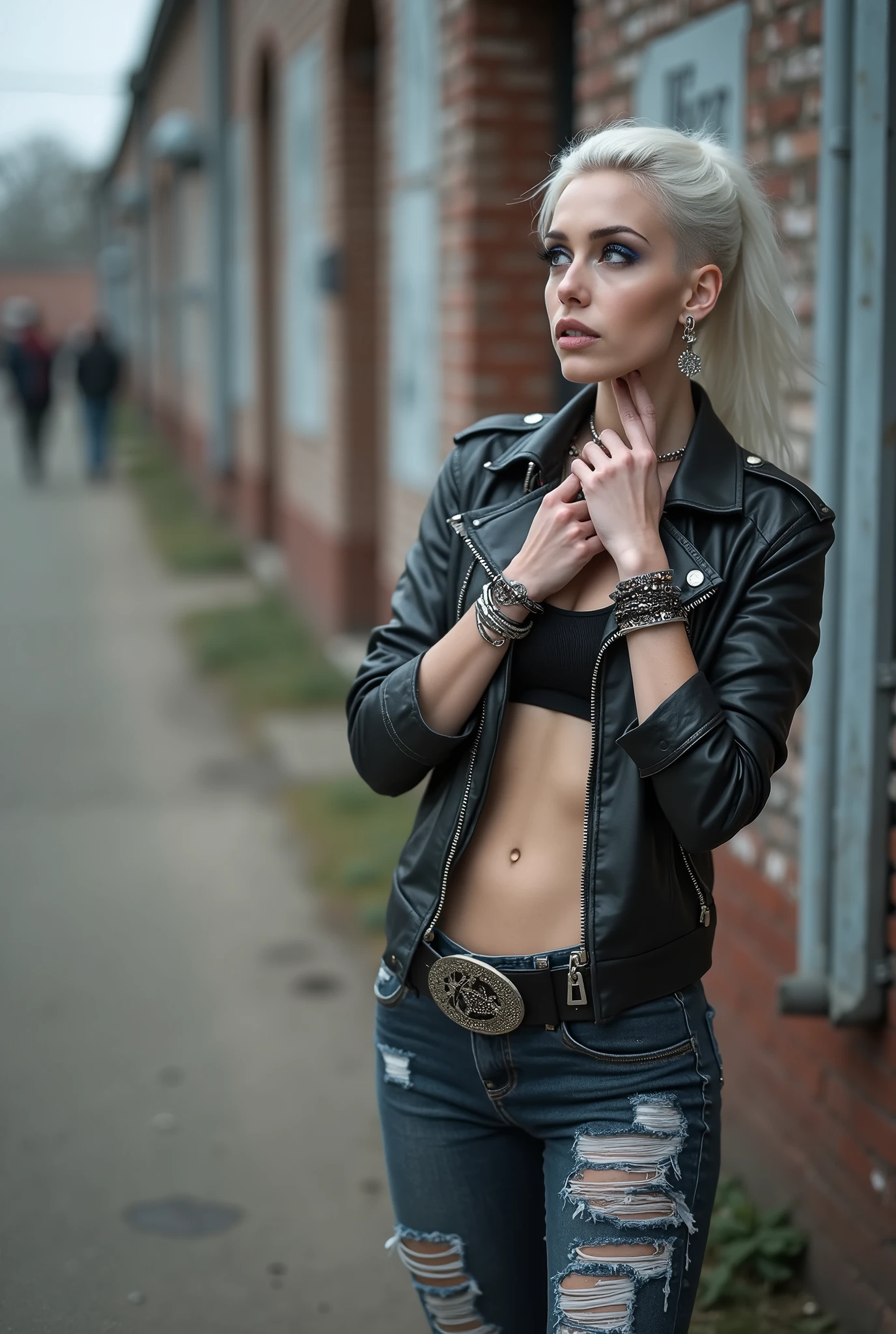 
russian milf woman, biker gang member, platinum hair (ponytail with shaved sides), with very light blue eyes, extremely pale, heavy eye shadows.. without bandana. Thin. Sad, humbled face. Wearing black moto jacket with hanging belts and side pockets with zippers. Black push up bra, skinny dark blue jeans with holes and white tennis sneakers. Lots of metallic bracelets. Tacky wide belt with massive skull and bones buckle . Both hands caress her neck. Lots of rings. Wide loop earrings. Looks up with amazement because she thinks God is talking to her,  