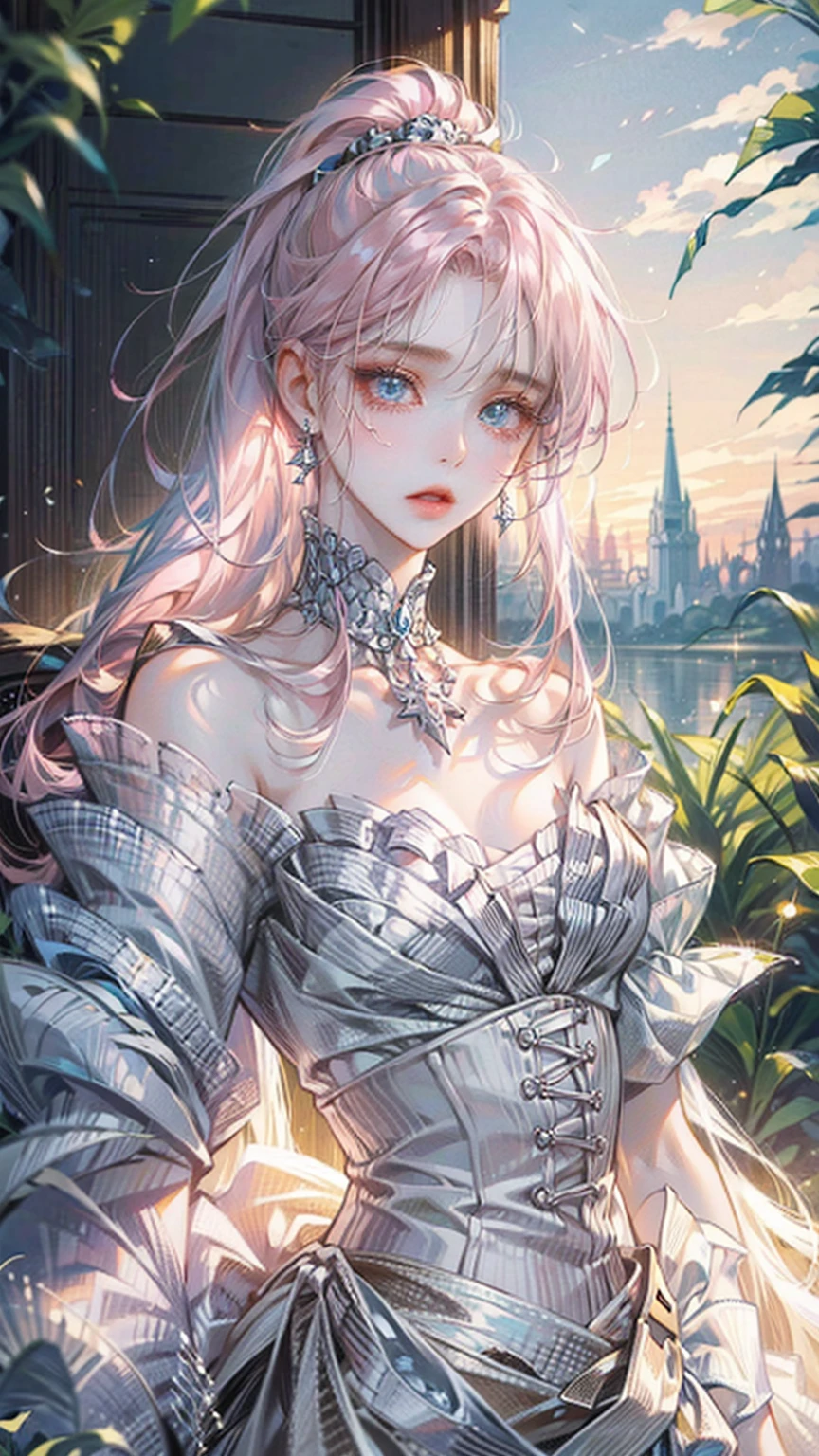 ((best quality)), ((masterpiece)), ((Modern Fantasy)), ((illustration)), (detailed), (clear), (Perfect), 1 woman, 19 years old, beautiful, pure, sad expression, Ponytail long pink hair, pink bangs, white skin, Jewel-like blue eyes, abundant eyelashes, Deep double eyelids, Tears flowing down the eyes, pretty lips, big bust, small waist, A plain white t-shirt, Slumped on the floor, lawn, Peaches rolling around