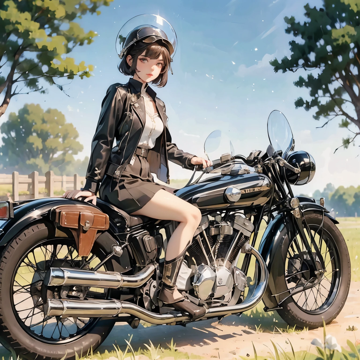 Bluff Superior SS100、(クラシックRiding on motorcycle )、(Vintage Bikes、Bluff Superior SS100)、Isle of Man Races、 (Riding on motorcycle:1.2), Beautiful young woman、18-year-old、Beautiful Face, Beautiful delicate eyes, Black Hair, Short Bob Hair,  Classic Leather Jacket、Cromwell helmet with goggles、After the Rain、English countryside、 Detailed Description、(Highest quality, masterpiece, High resolution)、8k、wallpaper
