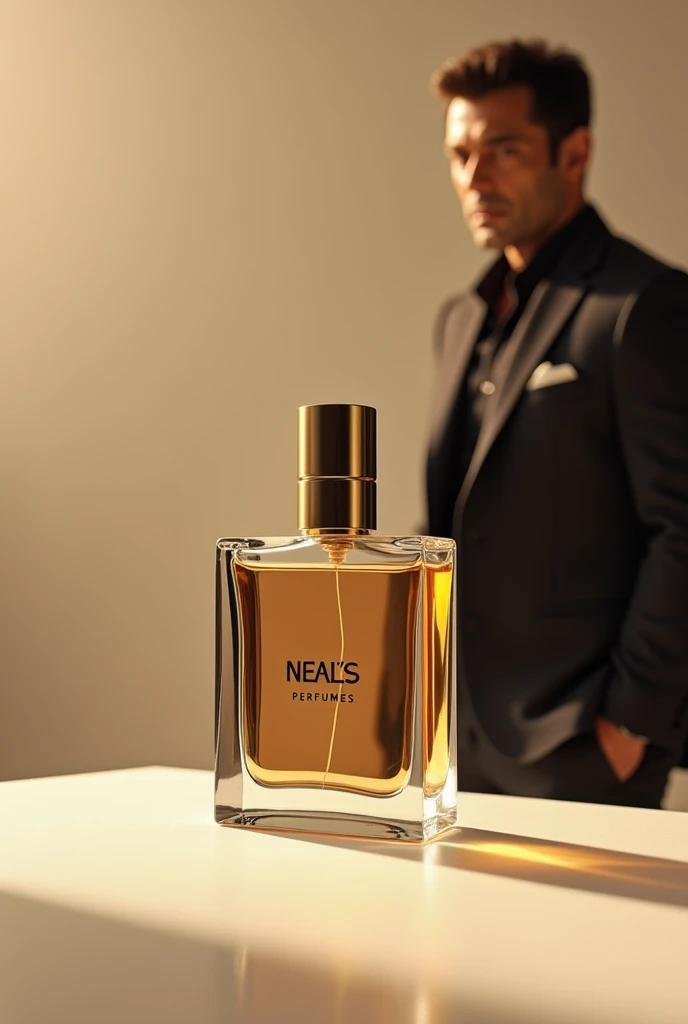 Square clear glass perfume bottle with logo Neal's Perfumes and cylindrical golden cap . Salman Khan in background.