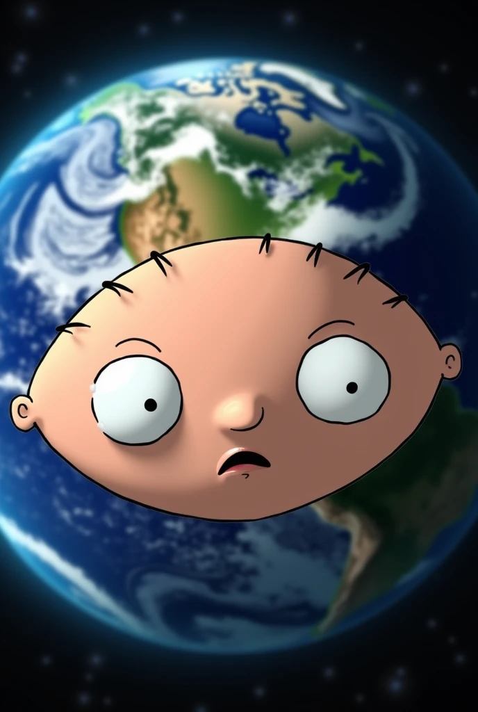 Stewie from family guy's face in front of earth