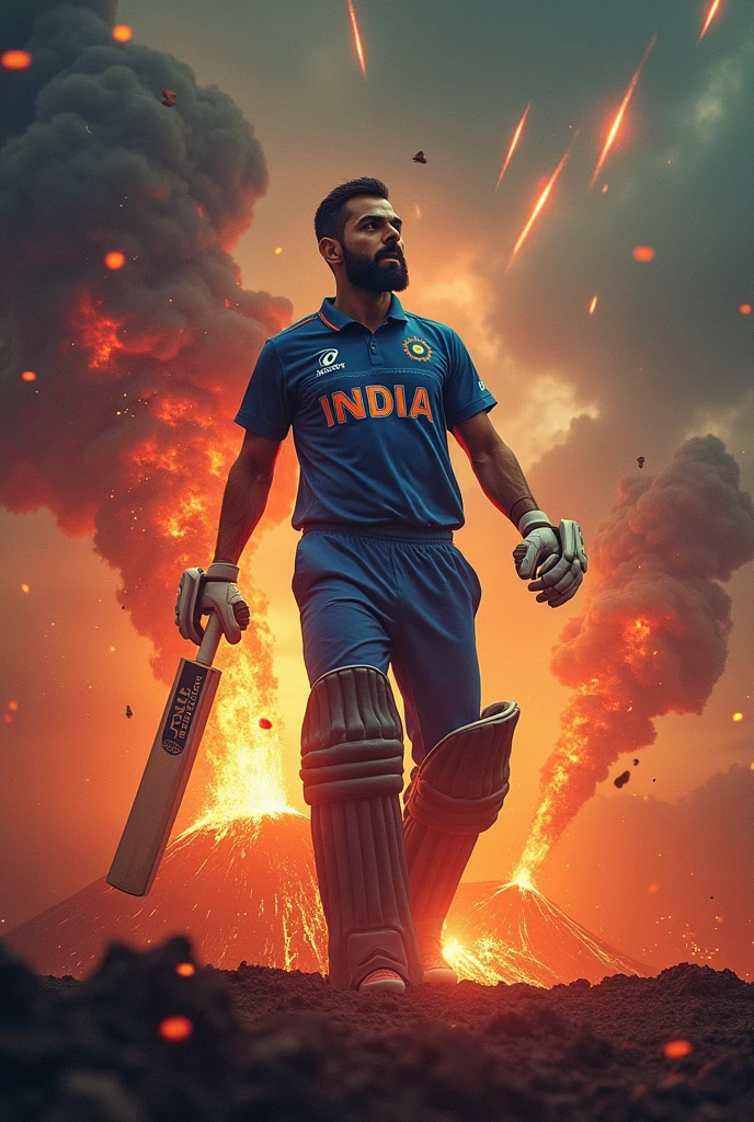 VIRAT KOHLI IN VERY aggresive mood meteors falling in the background and so many volcanos are blasting in aggression of virat kohli
