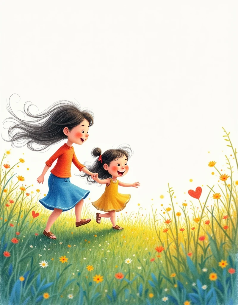 A pencil drawing colourful of a mother and daughter playing in the fields with fast air blowing their hair. Cartoonic image and create it a first page of the book add toand from options in image lighting should be light. Not bright
