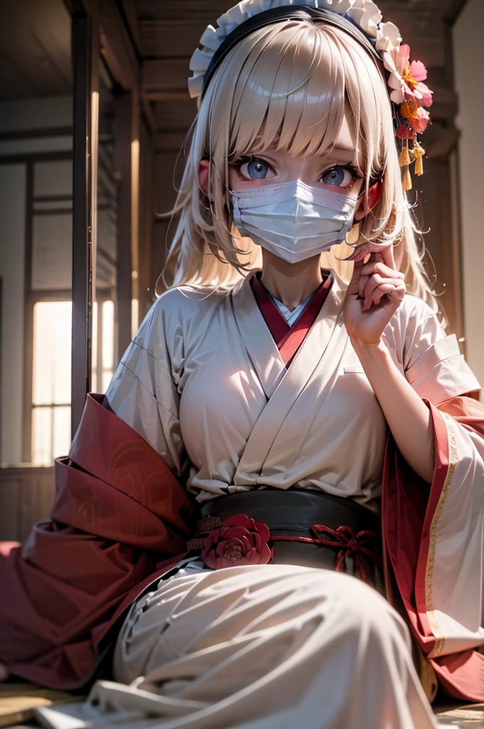 (masterpiece, best quality, high quality, highres, Anime Style), solo, Adult woman, Japanese white kimono doctor with mouth veil and white head wear rag and blood stained on the dress anime girl with depressing face, wide sleeves, japanese clothes, long sleeves, she looking at viewer, perfect lighting, volumetric lighting, Kodak portra 400, film grain, blurry background,