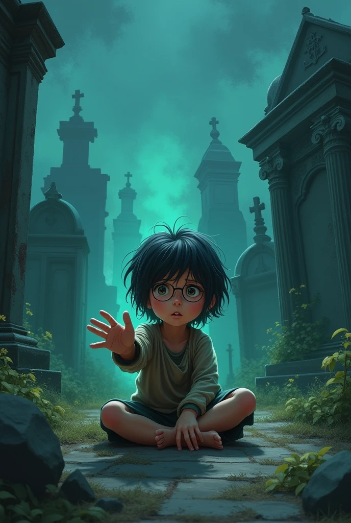 drawing image of a begging outside an animated cemetery