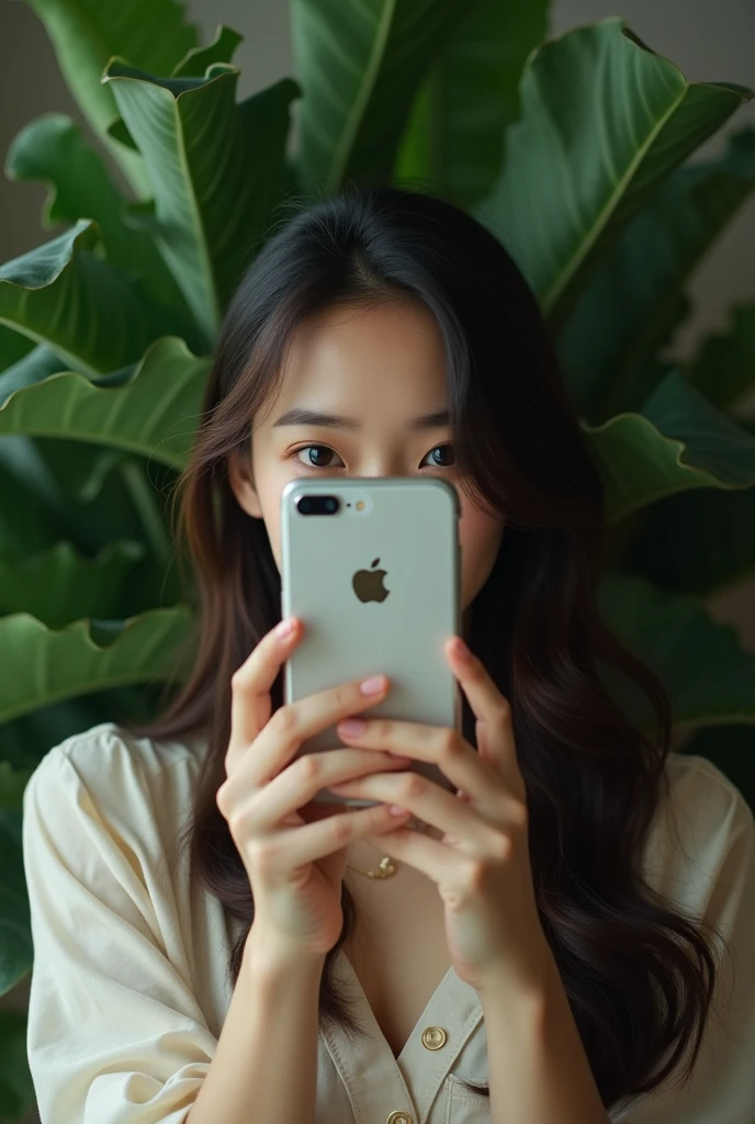 Woman taking a selfie in the mirror、Long Hair,My face is completely hidden by my iPhone、A beautiful woman with only her mouth visible、Full Body Shot、Foliage plant、Asian