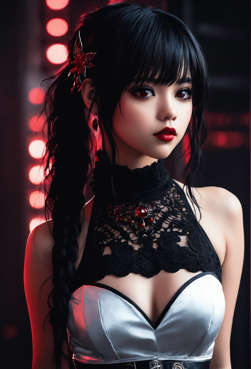 Jenna Ortega what ((black and red dress):1.9) and black lace top, cute face. dark fantasy, with black pigtails, in the style of Ross Tran, Attention to detail, beautiful, detailed face, extra long hair, a braided ponytail on the head, Nice haircut, (Blush:1.1), Perfect body shape, with tormented eyes and dark hair, [ trending on Subscribe ]!!, jet black haired cyberpunk girl, fantastic and moody, 