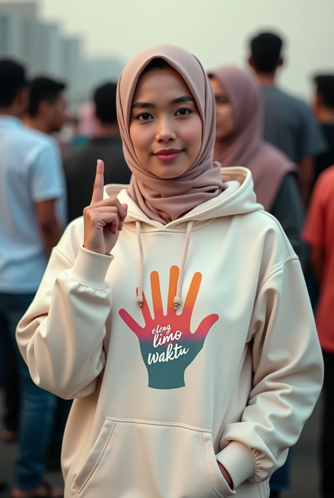 A hijaber indonesian pretty woman, wearing a cream hoodie with a strong vector design featuring a silhouetted image of a five-fingered palm in pastel colour with love and light. The phrase "ELENG LIMO WAKTU" is displayed in bold simple elegand, distressed typography with pastel colours, while holding her hoodie, wearing hijab, one-handed pose pointing upwards, in a public place, surrounded by many men, model, jav idol, with a frontal shooting angle, very realistic, (complex detail: 0.9), (hdr, hyperdetail: 1.2), RAW, Sony Alpha a9 II, 24-105mm f/4, HDR,