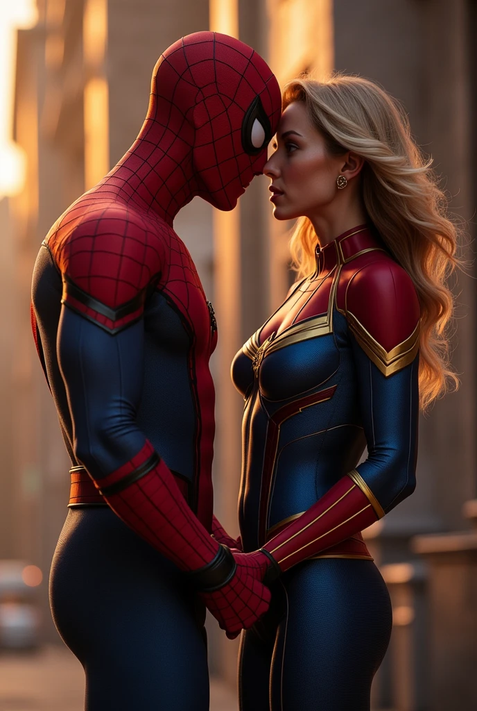 Spiderman is inserting his fingers in Captain Marvel’s vagina under her skirt, he is fingering her, she is in ecstasy, realistic, high detail, he is touching her vagina, she is gasping with pleasure