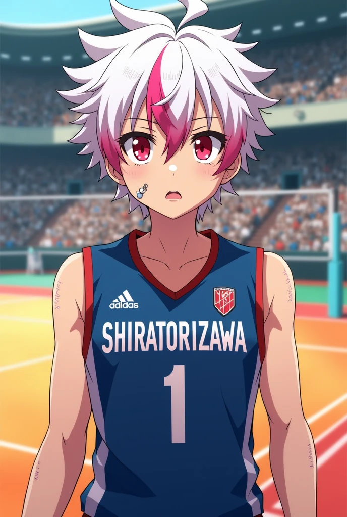 haikyuu style boy smiling,with white layered hair (hair down to the nape of the neck and longer sideburns with pink streaks)red eyes (Lost look)with a piercing on the tongue,nose and eyebrow with Shiratorizawa haikyuu uniform anime style(background of a volleyball court) Full body in Shiratorizawa volleyball uniform