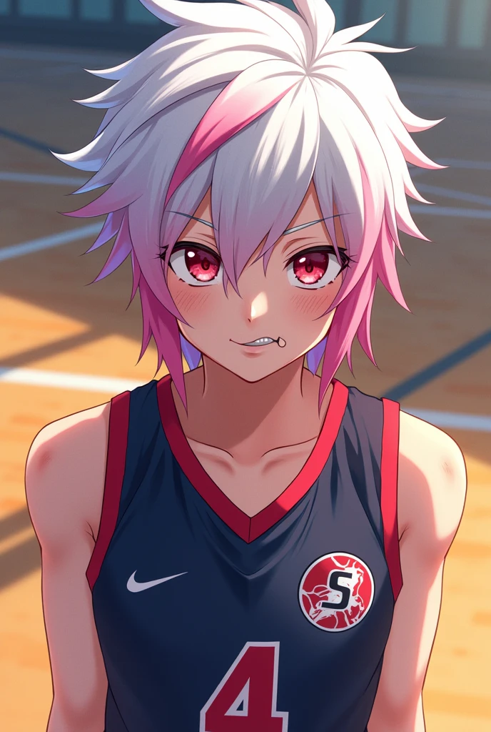 haikyuu style boy smiling,with white layered hair (hair down to the nape of the neck and longer sideburns with pink streaks)red eyes (Lost look)with a piercing on the tongue,nose and eyebrow with Shiratorizawa haikyuu uniform anime style(background of a volleyball court) Full body in Shiratorizawa volleyball uniform
