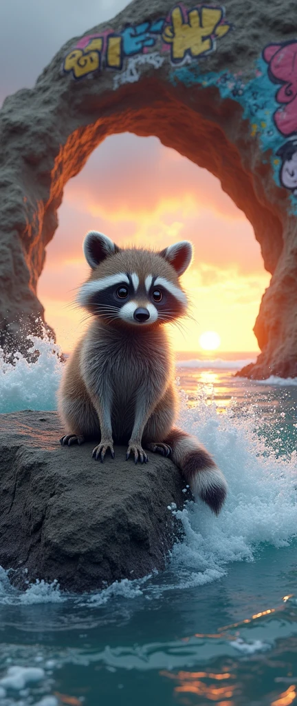 A captivating 3D render of a realistic raccoon, extra fluffy and adorable, sitting on a natural rock formation surrounded by sea water. The rock is shaped like a massive arch, transformed into a canvas for vibrant graffiti that creates a dramatic contrast against the rugged landscape. The sky above the rock formation is a breathtaking blend of warm and cool hues, hinting at a mesmerizing sunrise or sunset. The waves crash against the rock, creating large splashes that add to the overall dynamic and powerful atmosphere, showcasing the conceptual art of nature and urban elements seamlessly combined., conceptual art, photo, 3d render