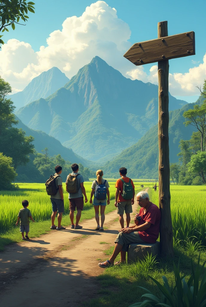 a group of city youth on a trip to the mountains of Java, at a crossroads, with a mountainous background, there is a signpost to the mountain, and there is a post on the edge of the rice field where there are 4 old people playing dominoes