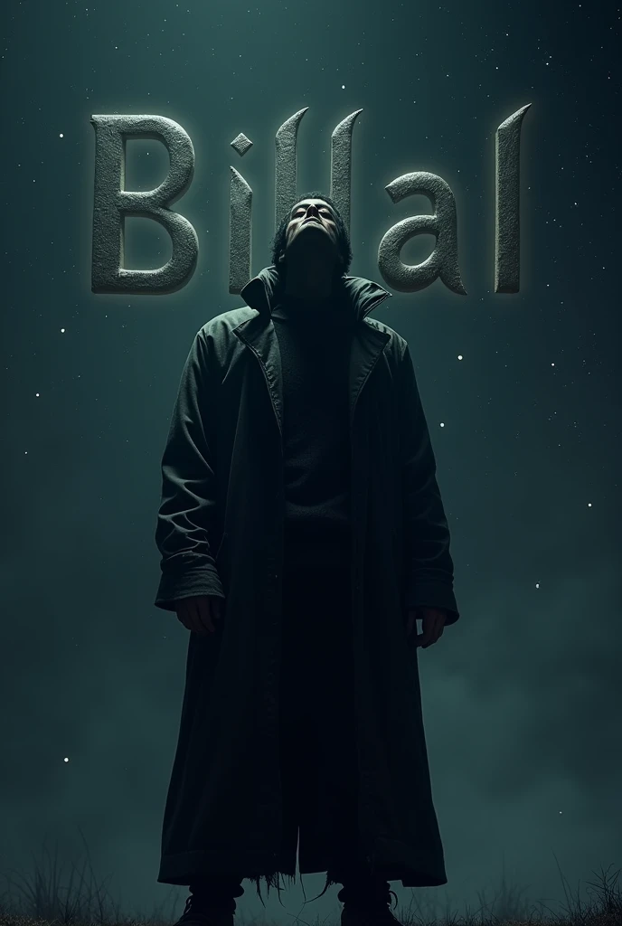 A dark bad man, night sky star,he is drunk, background 3d name of billal