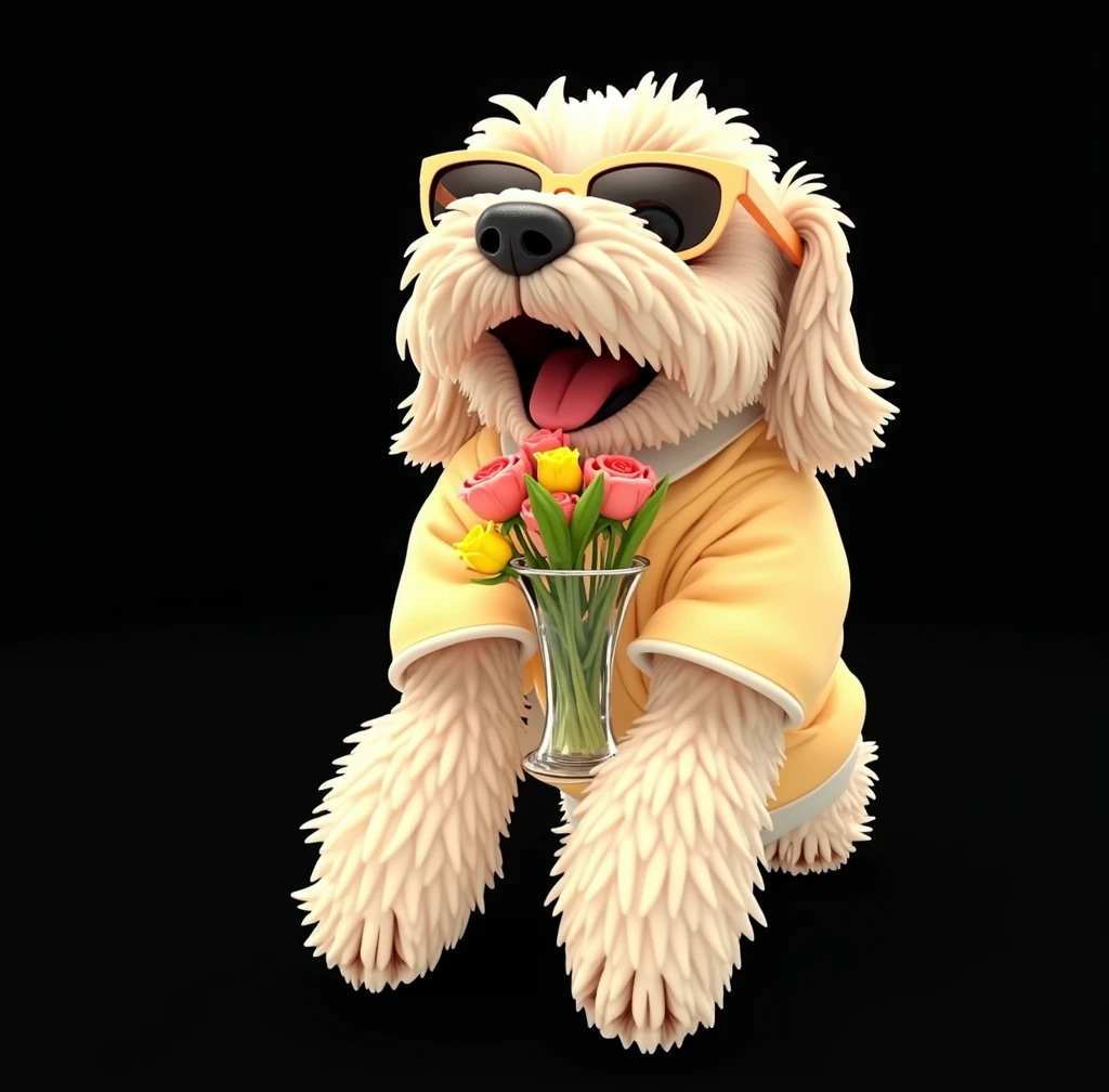 Perfect placement, Cute schnauzer in a jacket,Crystal Vase,Roses, Wear sunglasses, Cheerfulness, Standing position, Abstract Beauty, Centered, Looking into the camera, To the camera, Approaching perfection, dynamic, Very detailed, Smooth, Sharp focus, 8k, High resolution, figure, art:Kahne Griffith and Vadim Kashin, White Background