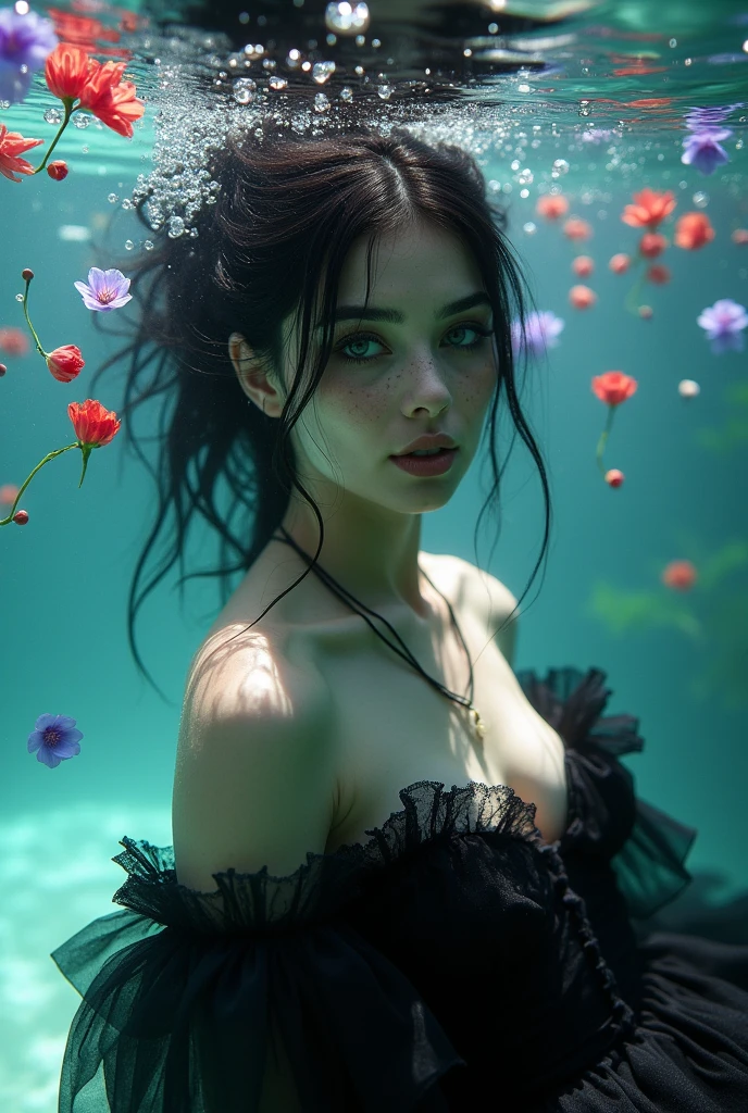 Black_hair_pin up_girl underwater, Her hair spreads around her,Full of red_purple_Flowers_and_bead :: Beautiful freckles, Gothic_cosmetic, heavy_Black_Eyeliner, Dressed complex_Black_Victorian Era_skirt_and_Lace_Ruffles flowing in the water, Fantastic light casting powder_Blue_The light around her, The setting sun cast a shadow on her, model_photo, nostalgia, Overexposure, ethereal Lomography taken and a Lomo camera and 2021 LomoChrome Turquoise 35 mm ISO 100–400 vintage, Dreamlike perfection, romantic