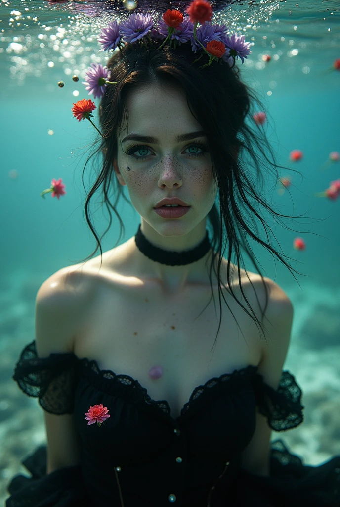 Black_hair_pin up_girl underwater, Her hair spreads around her，Full of red_purple_Flowers_and_bead :: Beautiful freckles, Gothic_cosmetic, heavy_Black_Eyeliner, Dressed complex_Black_Victorian Era_skirt_and_Lace_Ruffles flowing in the water, Fantastic light casting powder_Blue_The light around her, The setting sun cast a shadow on her, model_photo, nostalgia, Overexposure, ethereal Lomography taken and a Lomo camera and 2021 LomoChrome Turquoise 35 mm ISO 100–400 vintage, Dreamlike perfection, romantic
