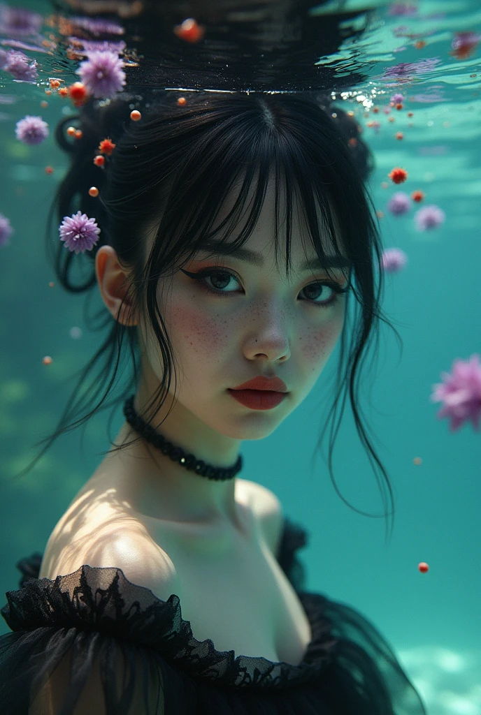 Black_hair_pin up_girl underwater, Her hair spreads around her，Full of red_purple_Flowers_and_bead :: Beautiful freckles, Gothic_cosmetic, heavy_Black_Eyeliner, Dressed complex_Black_Victorian Era_skirt_and_Lace_Ruffles flowing in the water, Fantastic light casting powder_Blue_The light around her, The setting sun cast a shadow on her, model_photo, nostalgia, Overexposure, ethereal Lomography taken and a Lomo camera and 2021 LomoChrome Turquoise 35 mm ISO 100–400 vintage, Dreamlike perfection, romantic
