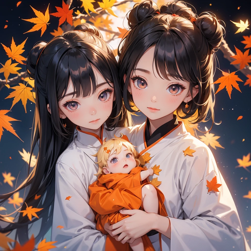 A chibi girl had a small face and Wearing white little Taoist priest's outfit. A pair of big round eyes shone with curiosity about him. her hair is black with two buns on her hair.smiling.
The chibi baby ld up with his chest raised, and his face was old and proud.
The backdrop is a mountain that turns orange-red in spring, and maple leaves fall from the trees.