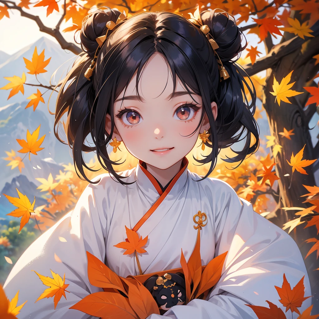 A chibi girl had a small face and Wearing white little Taoist priest's outfit. A pair of big round eyes shone with curiosity about him. her hair is black with two buns on her hair.smiling.

The little chibi baby looked up with his chest raised, and his face was old and proud.

The backdrop is a mountain that turns orange-red in spring, and maple leaves fall from the trees.


