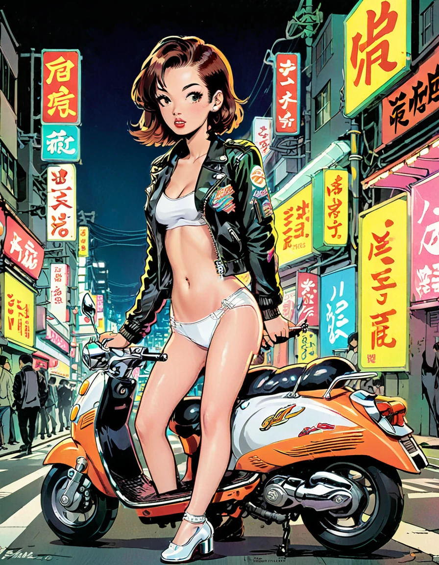 By Mitch O'Connell, by Chris Cooper aka Coop, Japanese girl on motor scooter, leather jacket, white panties, downtown Tokyo, at night, neon lights, smoking, poster style, comic book style, retro, bright colors, hard lines,
