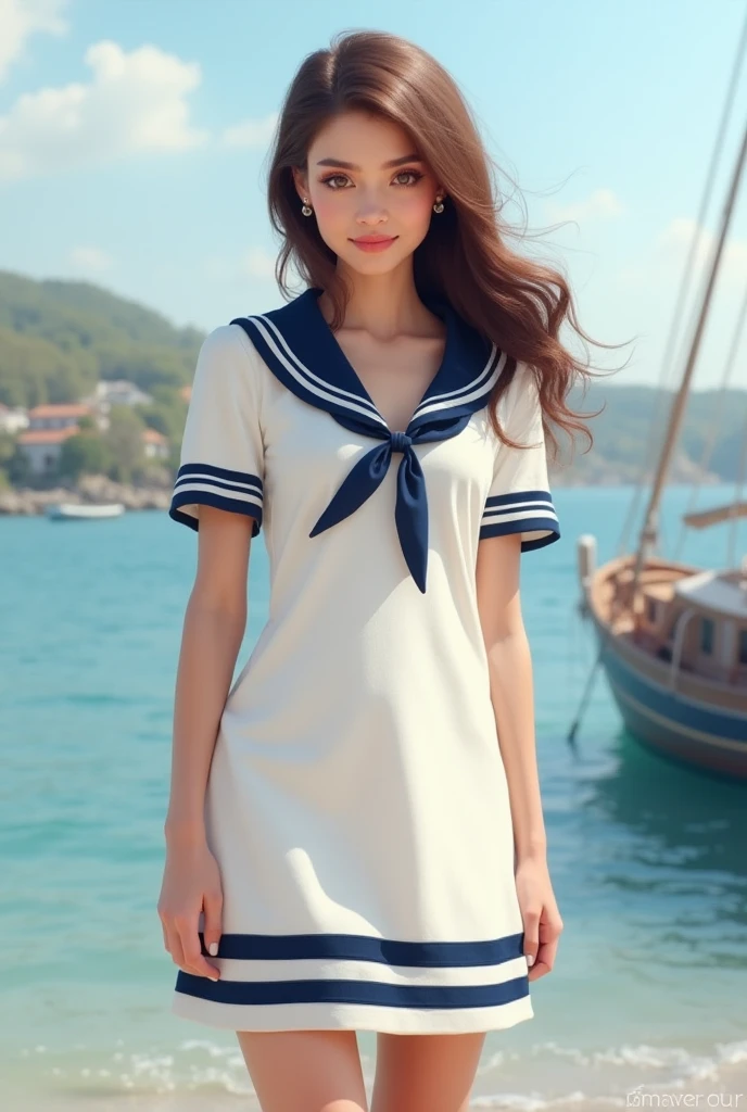 Une avec une robe entièrement blanche marinière avec des petites bandes bleues marines longueur sur genoux et des petites bandes bleues marines sur le bas