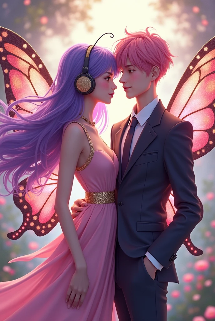 Korean purple haired butterfly woman with headphones and pink dress with gold and shiny wings and pink haired man in formal wear also cute realistic clip that refers to friendship no romance