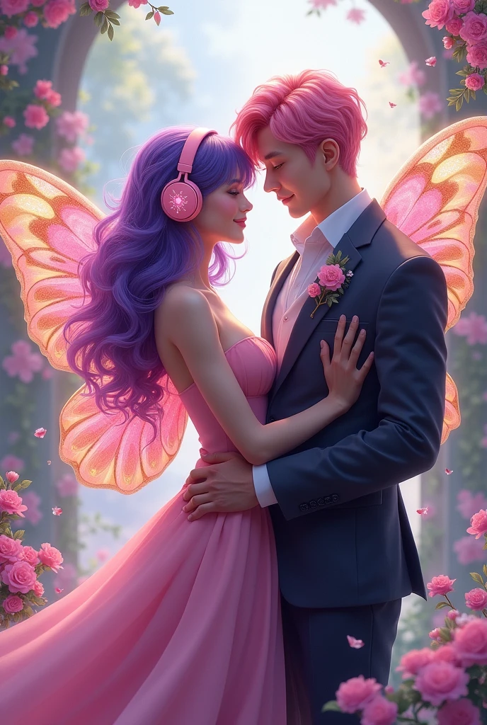 Korean purple haired butterfly woman with headphones and pink dress with gold and shiny wings and pink haired man in formal wear also cute realistic clip that refers to friendship no romance