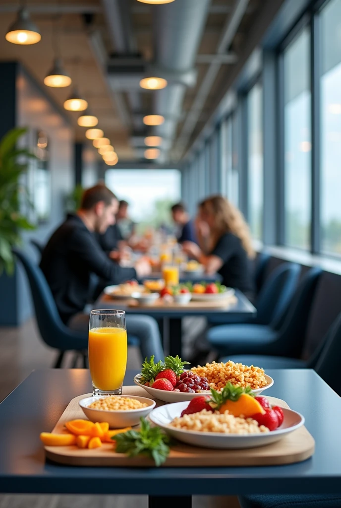A healthy breakfast in a company canteen with dark blue tables 
