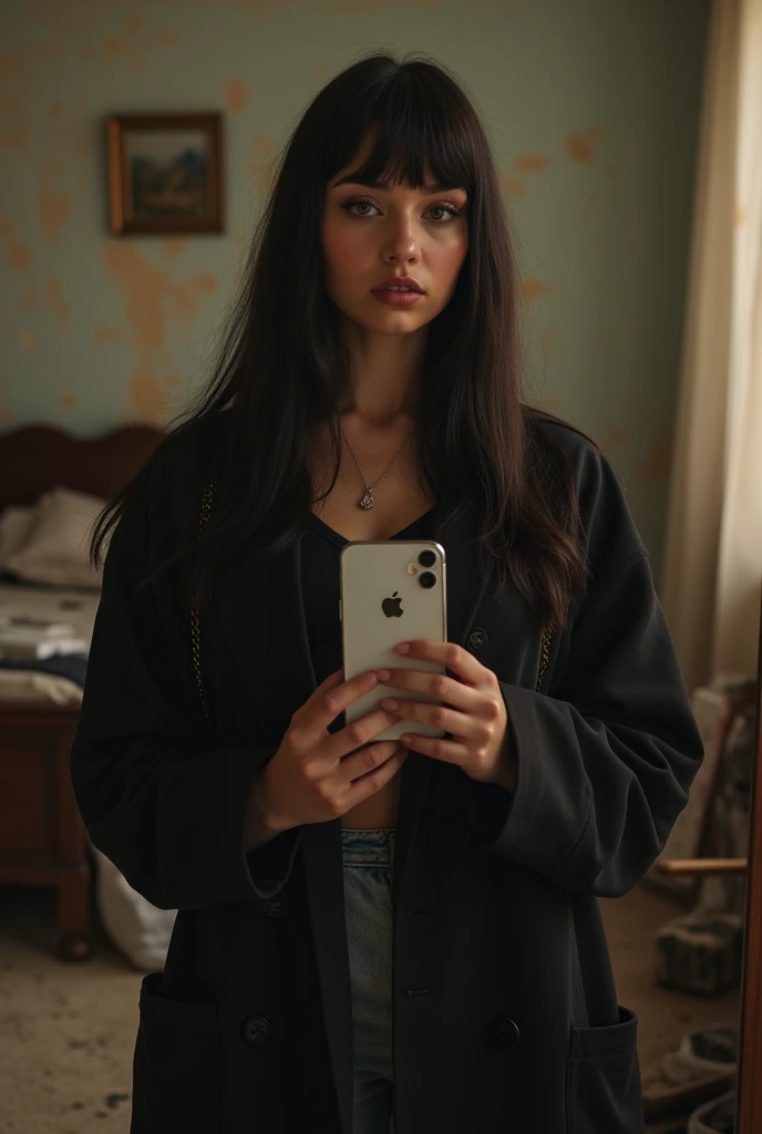 Who was an image of a curvy but thin girl?, but with big breasts who is taking a photo in a mirror with her iPhone 10, The girl should have straight bangs above the eyebrows and very straight, dark hair down to the waist..., You should also have Russian volume eyelash extensions.., From behind you can see his poor and messy room..., She should be dressed in shorts and a black coat., Low-cut T-shirt., and some converse sneakers. The girl must have a confident and seductive attitude.. The image must be very realistic and the aesthetics must be similar to that of the turras...