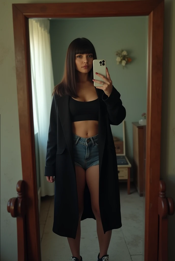 Who was an image of a curvy but thin girl?, but with big breasts who is taking a photo in a mirror with her iPhone 10, The girl should have straight bangs above the eyebrows and very straight, dark hair down to the waist..., You should also have Russian volume eyelash extensions.., From behind you can see his poor and messy room..., She should be dressed in shorts and a black coat., Low-cut T-shirt., and some converse sneakers. The girl must have a confident and seductive attitude.. The image must be very realistic and the aesthetics must be similar to that of the turras...