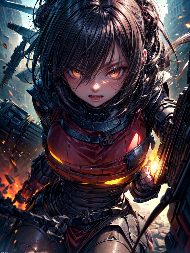 High resolution, Winner of numerous awards, Ultra high definition, Textured skin, Retina,
masterpiece,(bestquality),highlydetailed,ultra-detailed,1girl, (A composition where a girl is sitting on the shoulder of a giant robot or in the palm of a giant robot’s hand.:1.4)(Angry expression、Contempt:1.7)(robot)(fantasylandscape:1.2,natural lighting:1.5,confidentexpression),(panorama:1.2),mecha, angle、chrome,raw(A beautiful girl with black hair and a battle suit:1.5)(Point your weapon at me:1.6)(Positioned to attack me:1.6)(Stick a gun or a sword in me:1.5)(Powerful spirit:1.5)(Blade:1.2)