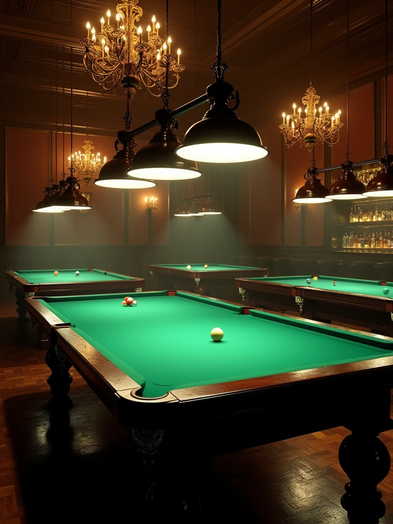 A billiard club having 5 billiard tables in a dark theme hall beautiful