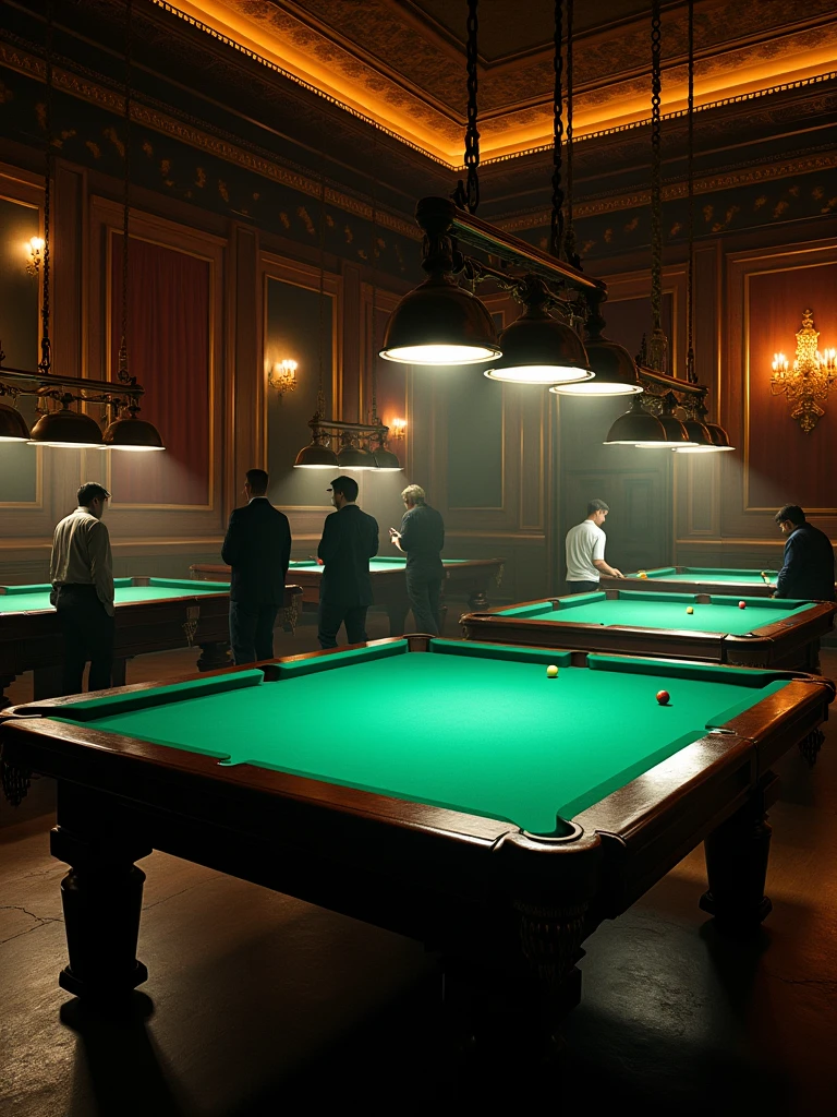 A billiard club having 5 billiard tables in a dark theme hall beautiful