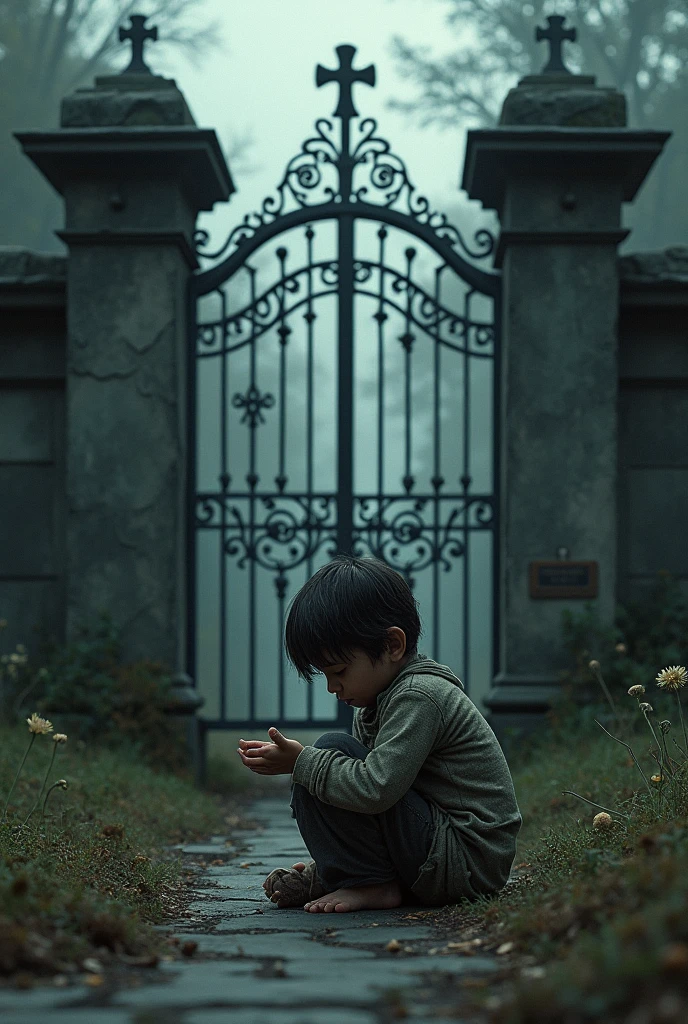  Image of a child begging outside a cemetery 