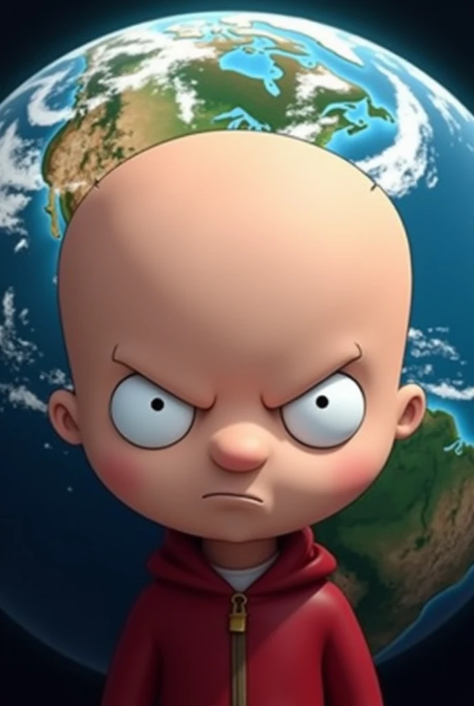 Stewie from family guy's face in front of earth