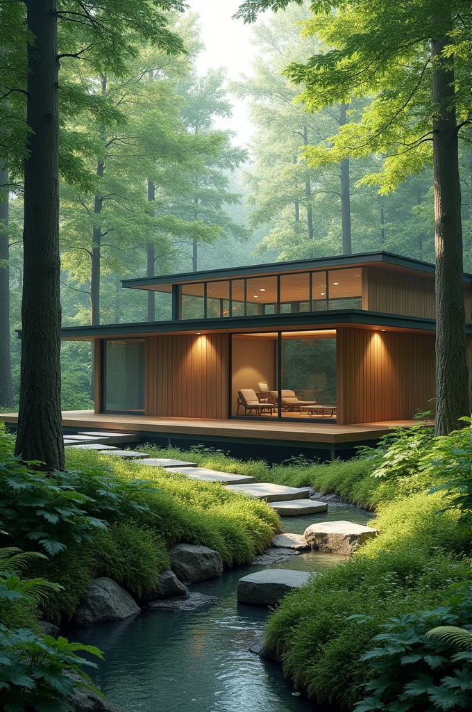 "Generate a serene and harmonious image of a Japandi-style building nestled in the heart of a dense forest. The building should feature:
- Clean lines and minimalist architecture
- Natural materials such as wood and stone
- Large windows and sliding glass doors to blend with the surroundings
- A sloping roof with a subtle curve, evoking traditional Japanese design
- A small pond or water feature nearby, reflecting the building's tranquility
The forest surroundings should include:
- Towering trees with lush green foliage
- Dappled sunlight filtering through the leaves
- A carpet of ferns, moss, or wildflowers
- A winding path or stepping stones leading to the building
Capture the essence of Japandi style, blending Japanese minimalism with Scandinavian functionality, in a peaceful forest setting