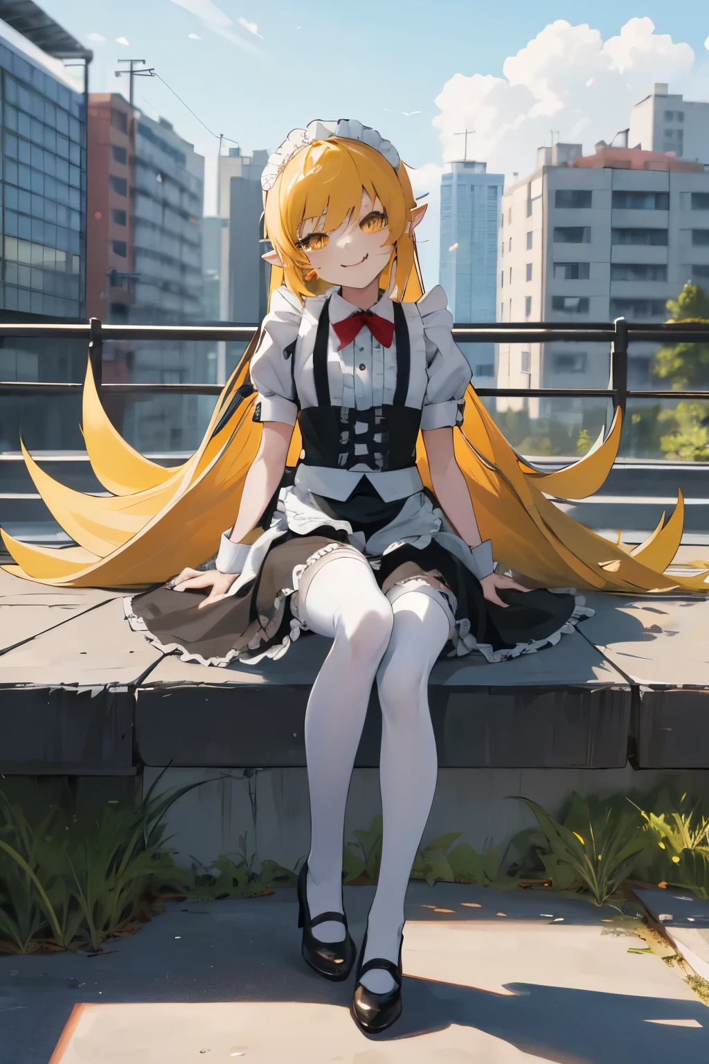 masterpiece, best quality, highres, aashinobu, aged down, long hair, pointy ears, maid headdress, mini-skirt maid, standing, lace stockings, black pumps, sitting, full body, smile, fang, outdoors, city