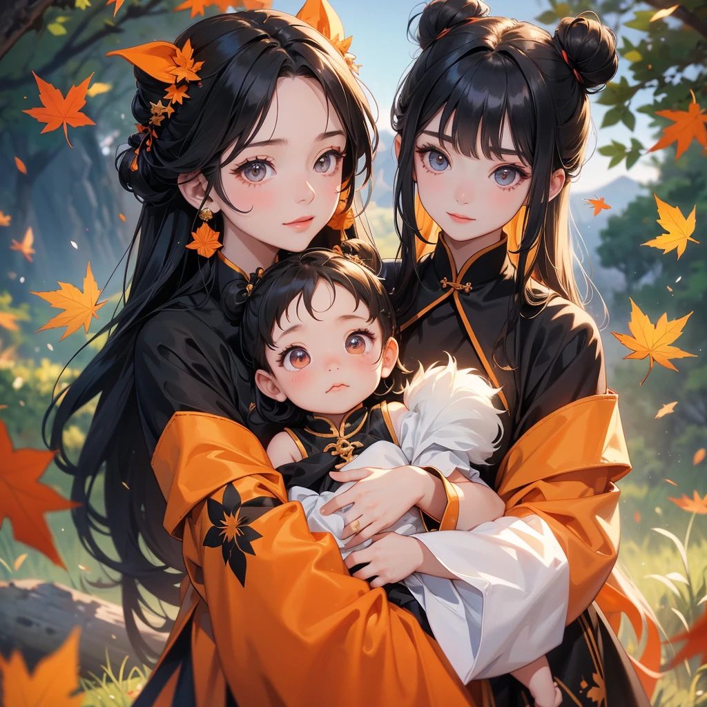 A chibi girl had a small face and Wearing black little Taoist priest's outfit. A pair of big round eyes shone with curiosity about him. her hair is black with two buns on her hair.smiling.

The  chibi baby ld up with his chest raised, and his face was old and proud.

The backdrop is a mountain that turns orange-red in spring, and maple leaves fall from the trees.


