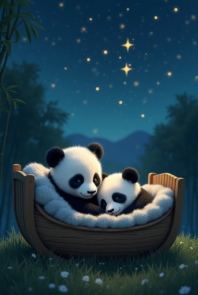 two panda babies in the same cradle, sleeping, and outside the cradle is their panda mom singing them to sleep. and it is night