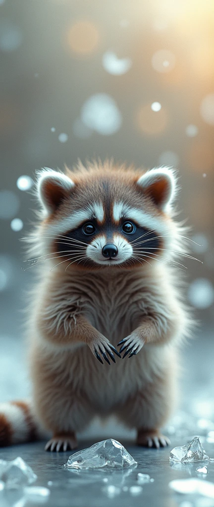 A stunning conceptual photograph featuring a fluffy baby raccoon in a 3D render. The raccoon, with its extra fluff, is captured in a close-up shot, reflecting its adorable features in the shards of a broken glass. The background is minimalistic, with a blurred, abstract expression of colors, creating a surreal atmosphere. The overall composition evokes a sense of both fragility and playfulness, drawing the viewer into the scene., conceptual art, 3d render, photo