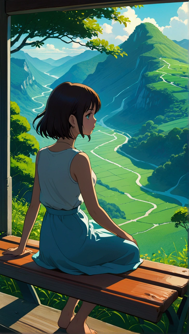 anime girl sitting on a bench looking out over a valley, ilya kuvshinov landscape, makoto shinkai cyril rolando, studio glibly makoto shinkai,