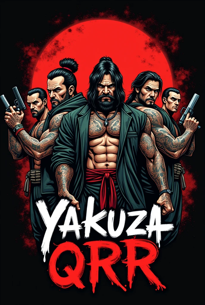 Create a logo with the name YAKUZA QRR with several characters with weapons 