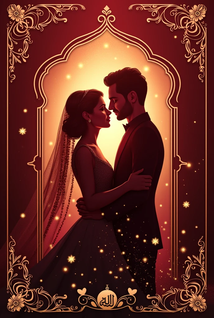 Create a nikah ceremony card in red wine color background and golden color props in landscape not in potrait