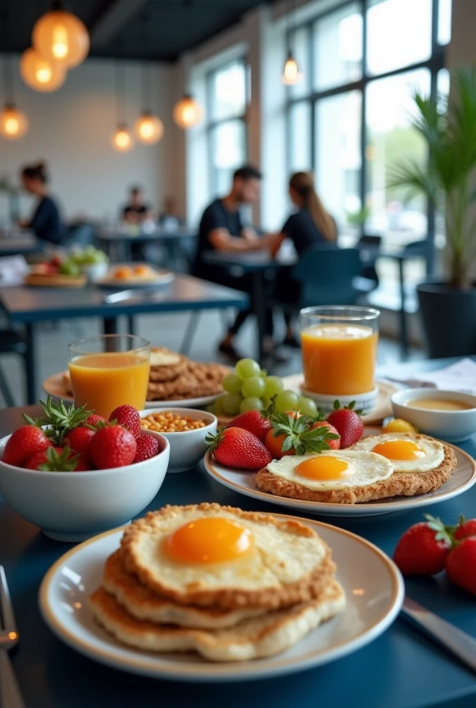 A healthy breakfast in a company canteen with dark blue tables 