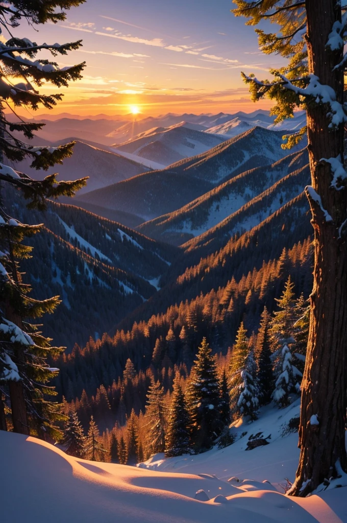 Create a 1920 resolution wallpaper:1080, from a forest tower overlooking the sunset, with mountains, and trees around