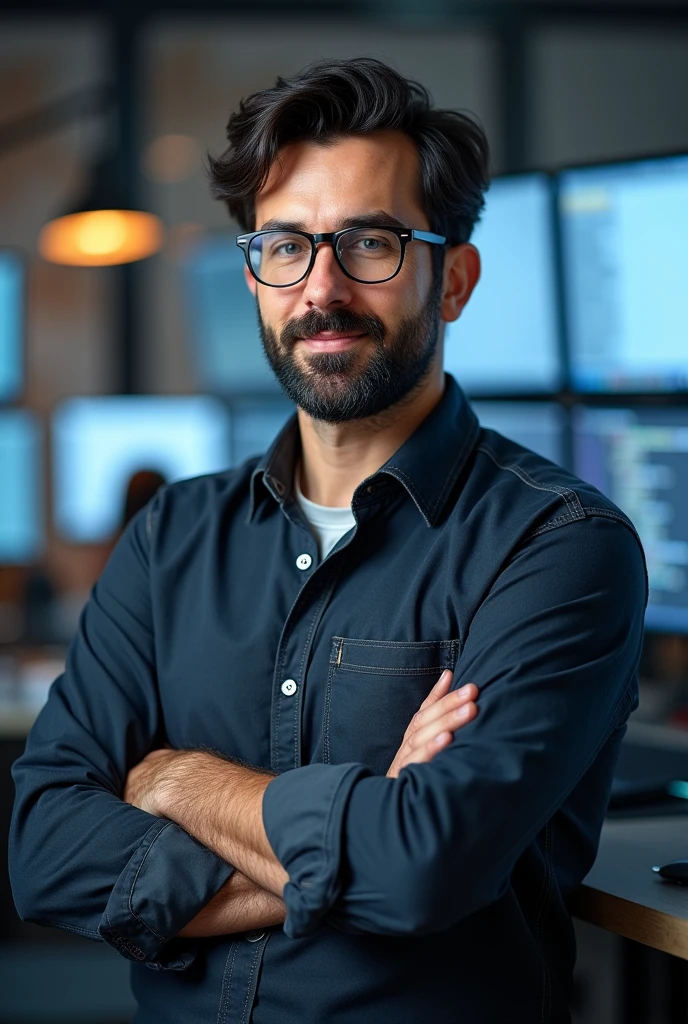 Create a portrait of a 44-year-old male professional with black hair, a three-day beard, and blue eyes. He is 176 cm tall, weighs 89 kg, and wears glasses for working on the computer. He has a background in computer engineering and works as a web developer and FullStack engineer. He is dressed in casual yet professional attire, with the focus on his upper body and face. The background should be neutral or slightly tech-inspired, making it suitable for a web portfolio. His expression is confident and focused, highlighting his expertise and dedication to technology.

Generate three images, each showcasing different poses related to his work in IT: one with the subject sitting at a desk working on a computer, another standing confidently with arms crossed, and the third engaged in coding or reviewing work on multiple screens. The overall style should be clean and modern, emphasizing his professionalism and technical skills