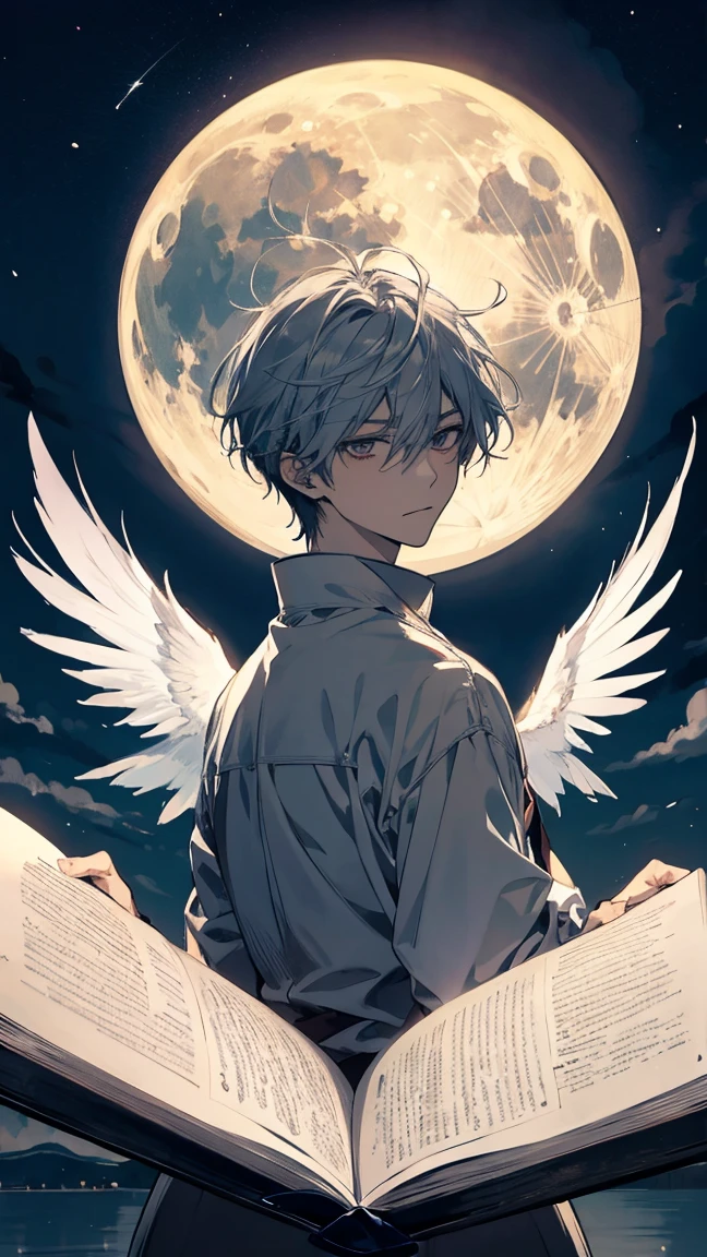 anime character with White Wings and a white shirt, !! takeshi amano!!, Giant white glowing wings, 1. Honor, Kaworu Nagisa, White Wings, Moon Yagami, Natsume's Book of Friends, 全身の雄大なAngel, Angel, Hajime Yatate, silver wings, Moon Yagami, young wAngel