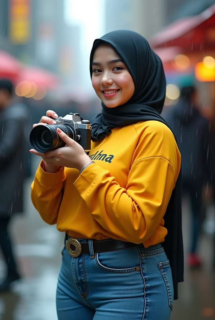 UHD, Arabic-Korean plump girl, covering head with dark hijab, pale skin, , cute face, detail face, curvy body, wide hips, perfect breast and body anatomy, city, crowds, holding camera, Noon, rainy, wet, sweaty, wearing Pressed long arm yellow shirt with "RAHMA" small letter, tight skinny jeans, smile facing to camera